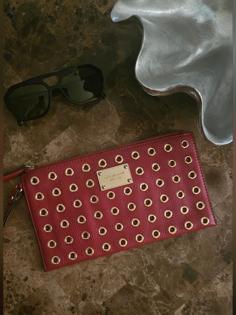 Authentic: Michael Kors Red Leather Wristlet with Gold Hardware
